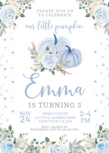 Little Pumpkin Floral 1st Birthday Invitation (Light blue) - www.printerfairy.com design preview