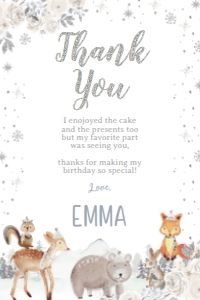 Winter Wonderland Animals_Thank You Cards (white silver) - www.printerfairy.com: Winter Wonderland Animals_Thank You Cards (white silver) - www.printerfairy.com