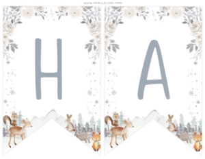 Winter Wonderland Animals_Banner Happy Birthday (white silver) - www.printerfairy.com: Winter Wonderland Animals_Banner Happy Birthday (white silver) - www.printerfairy.com