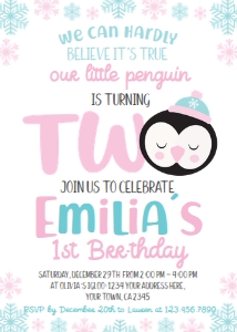 Penguin 2nd Birthday Invitation (white background) - www.printerfairy.com: Penguin 2nd Birthday Invitation (white background) - www.printerfairy.com