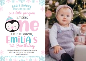 Penguin 1st Birthday Invitation (white background) with photo- www.printerfairy.com design preview