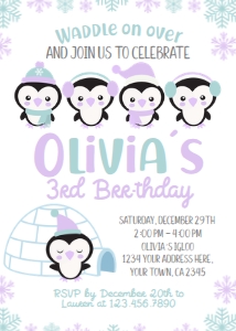 Penguin Birthday Invitation (white purple background) - www.printerfairy.com design preview