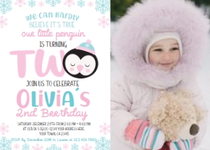 Penguin 2nd Birthday Invitation (white background) with photo- www.printerfairy.com design preview
