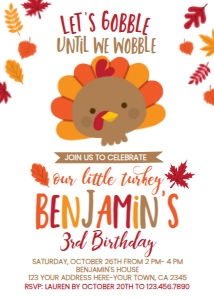 Little Turkey - Birthday Invitation (White) - www.printerfairy.com: Little Turkey - Birthday Invitation (White) - www.printerfairy.com