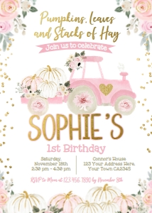 Pumpkin Truck Birthday Invitation (Pink & Gold) - www.printerfairy.com design preview