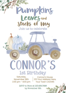 Pumpkin Truck Birthday Invitation (Blue) - www.printerfairy.com design preview
