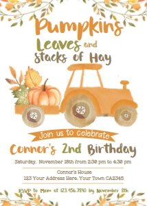 Pumpkin Truck Birthday Invitation (Orange & Brown) - www.printerfairy.com: Pumpkin Truck Birthday Invitation (Orange & Brown) - www.printerfairy.com