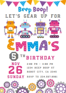 Robots Girls Birthday Invitation (White) - www.printerfairy.com: Robots Girls Birthday Invitation (White) - www.printerfairy.com