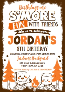 S'mores Birthday Invitation (brown & orange) - www.printerfairy.com design preview