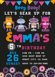 Robots Girls Birthday Invitation (Black) - www.printerfairy.com design preview