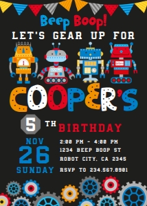 Robots Boy Birthday Invitation (Black) - www.printerfairy.com design preview