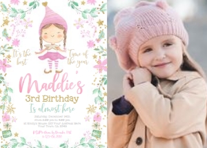 Christmas Elf Birthday Invitation (pink) with photo- www.printerfairy.com: Christmas Elf Birthday Invitation (pink) with photo- www.printerfairy.com