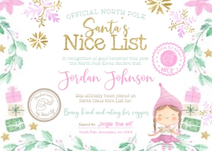 Christmas Elf Nice List Certificate (Pink) - www.printerfairy.com design preview