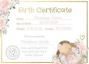 Doll Birth Certificate (pink) - www.printerfairy.com design preview