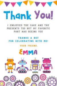 Robots Girls Birthday Thank You Cards (White) - www.printerfairy.com design preview