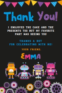 Robots Girls Birthday Thank You Cards (Black) - www.printerfairy.com design preview