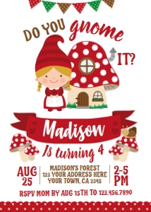 Gnome Birthday Invitation - www.printerfairy.com: Gnome Birthday Invitation (white) - www.printerfairy.com