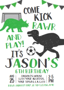 Dinosaur Soccer Birthday Invitation  - www.printerfairy.com: Dinosaur Soccer Birthday Invitation - www.printerfairy.com