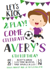 Soccer Birthday Invitation Girl (cartoon) - www.printerfairy.com: Soccer Birthday Invitation Girl (cartoon) - www.printerfairy.com