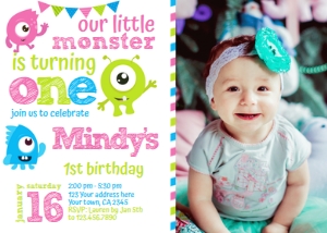 Little Monster Girls Birthday Party Invitation with Photo - www.printerfairy.com design preview