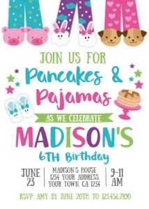 Pancakes & Pajamas Birthday Invitation (White-Pink) - www.printerfairy.com: Pancakes & Pajamas Birthday Invitation (White-Pink) - www.printerfairy.com