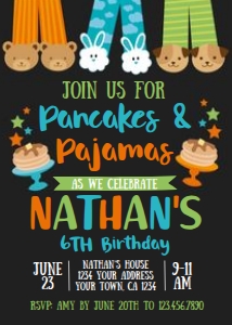 Pancakes & Pajamas Birthday Invitation (Black-Orange) - www.printerfairy.com: Pancakes & Pajamas Birthday Invitation (Black-Orange) - www.printerfairy.com