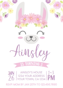 Llama Floral Birthday Invitation - www.printerfairy.com design preview