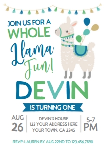 Llama Birthday Invitation (blue-green-white)- www.printerfairy.com design preview