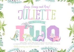 Dinosaur 2nd Birthday Invitation_TWO_watercolor (Pink Green Purple-Landscape) - www.printerfairy.com design preview