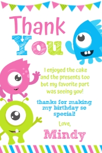 Little Monster Thank You Cards Pink - www.printerfairy.com design preview