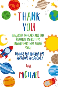 Space Planets Thank You Cards (primary colors, white) - www.printerfairy.com design preview