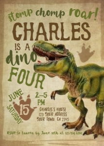 Dinosaur Dino Four Birthday Invitation (grunge-brown) - www.printerfairy.com design preview