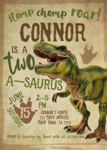 Dinosaur Two-a-saurus Birthday Invitation (grunge-brown) - www.printerfairy.com design preview
