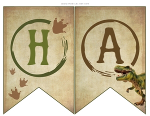 Dinosaur Three Rex Birthday Banner (grunge-brown) - www.printerfairy.com design preview