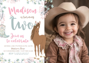 Horse Floral Second Invitation with Photo (Brown, 5x7) - www.printerfairy.com design preview