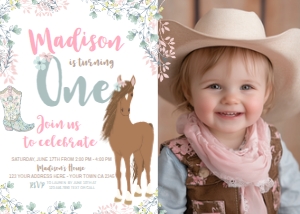Horse Floral Invitation One with Photo (Brown, 5x7) - www.printerfairy.com design preview