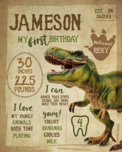Dinosaur Three Rex Birthday Board (grunge-brown) - www.printerfairy.com design preview