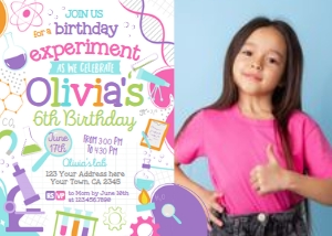Science Birthday Invitation with photo (pink, purple) - www.printerfairy.com design preview