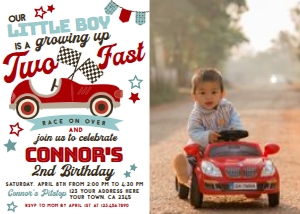 Racing Second Birthday Invitation with Photo (Red) - www.printerfairy.com design preview