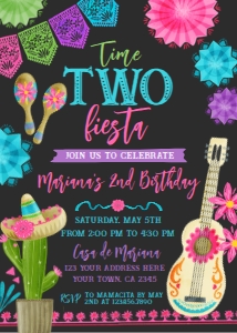 Fiesta Second Birthday Invitation (Pink&black, 5x7) - www.printerfairy.com design preview