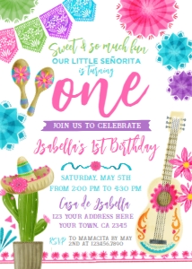 Fiesta Birthday Invitation ONE (Pink,Teal,Green,Purple) - www.printerfairy.com design preview