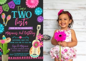 Fiesta Second Birthday Invitation with Photo (Pink & Black) - www.printerfairy.com design preview