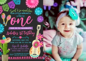 Fiesta First Birthday Invitation with Photo (Pink, Black) - www.printerfairy.com design preview