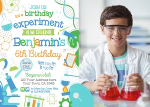 Science Birthday Invitation with photo (blue, green) - www.printerfairy.com design preview