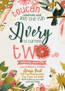 Tropical Birds Second Birthday Invitation (yellow, red, green) - www.printerfairy.com design preview