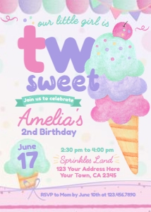 Ice Cream Second Birthday Invitation (Pink, purple, turquoise) - www.printerfairy.com design preview