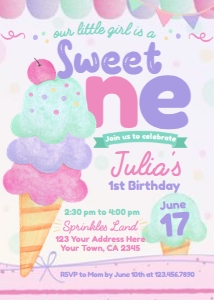 Ice Cream First Birthday Invitation (Pink, purple, turquoise) - www.printerfairy.com design preview