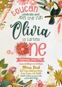 Tropical Birds First Birthday Invitation (yellow, red, green) - www.printerfairy.com design preview