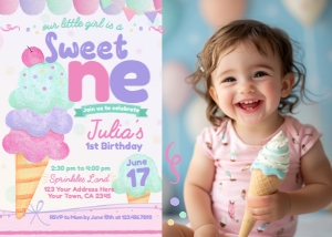 Ice Cream First Birthday Invitation with photo (Pink, purple, turquoise) - www.printerfairy.com design preview