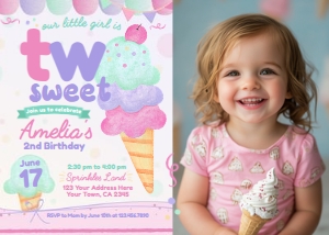 Ice Cream Second Birthday Invitation with Photo (Pink, purple, turquoise) - www.printerfairy.com design preview